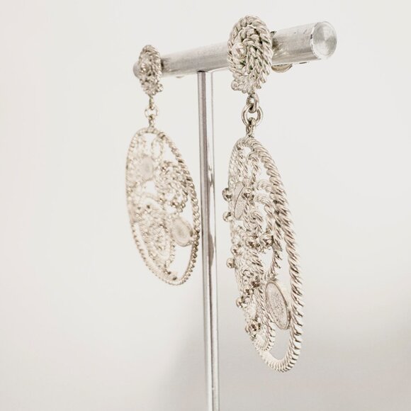 VTG Sterling Silver 925 Filigree Spiral Circle Dangle Earrings Size 2" Length - Picture 3 of 9